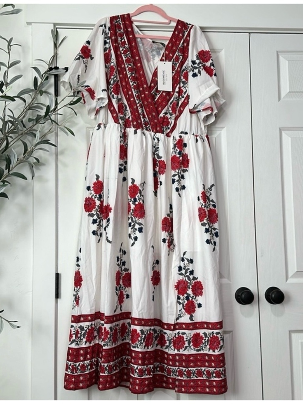 BloomChic White Maxi Dress with Red Floral Print